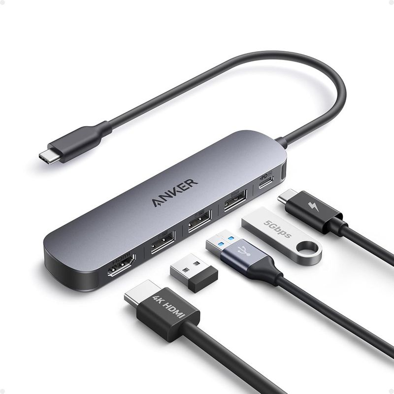 Adaptador Multipuerto Hub USB-C 5 en 1 con Puerto HDMI 4K y Puertos USB 3.0 de Alta Velocidad Color Gris