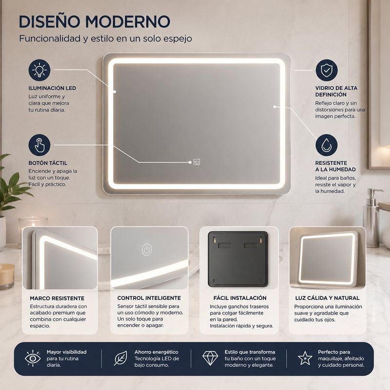 Espejo LED Rectangular 80x60 Cm con Botón Táctil y Resistencia a Humedad