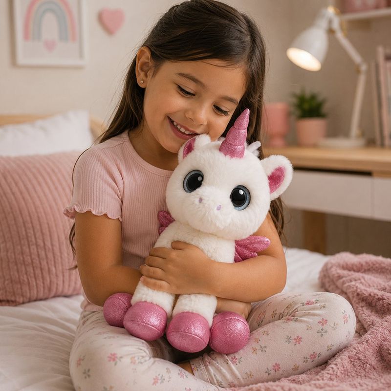Peluche de Unicornio Blanco con Alas y Cuerno Rosa Brillante