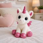 Peluche de Unicornio Blanco con Alas y Cuerno Rosa Brillante