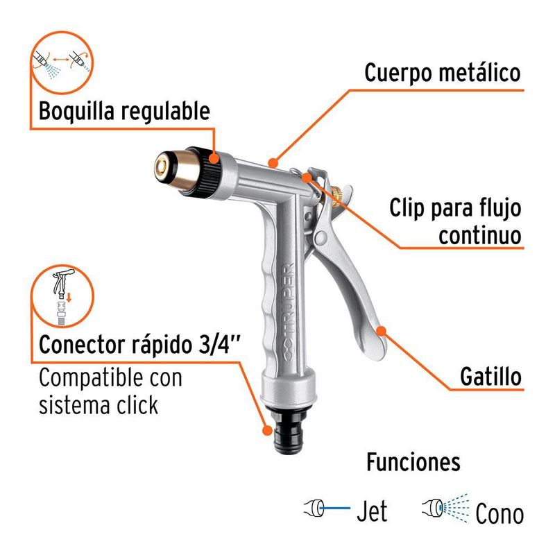Pistola Metálica para Manguera con Boquilla Regulable y Conector 3/4 Plg