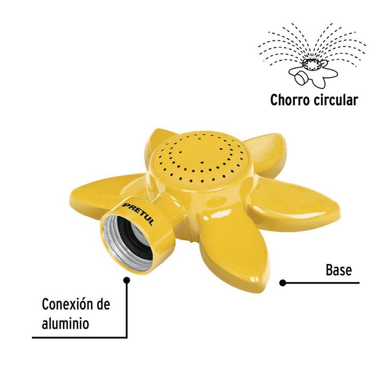 Aspersor Estacionario de Aluminio Forma de Flor con Chorro Circular Amarillo