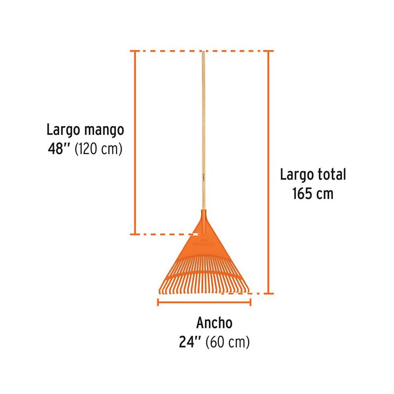Escoba Plástica Rígida para Jardín 26 Dientes con Mango de Madera 48 plg Naranja