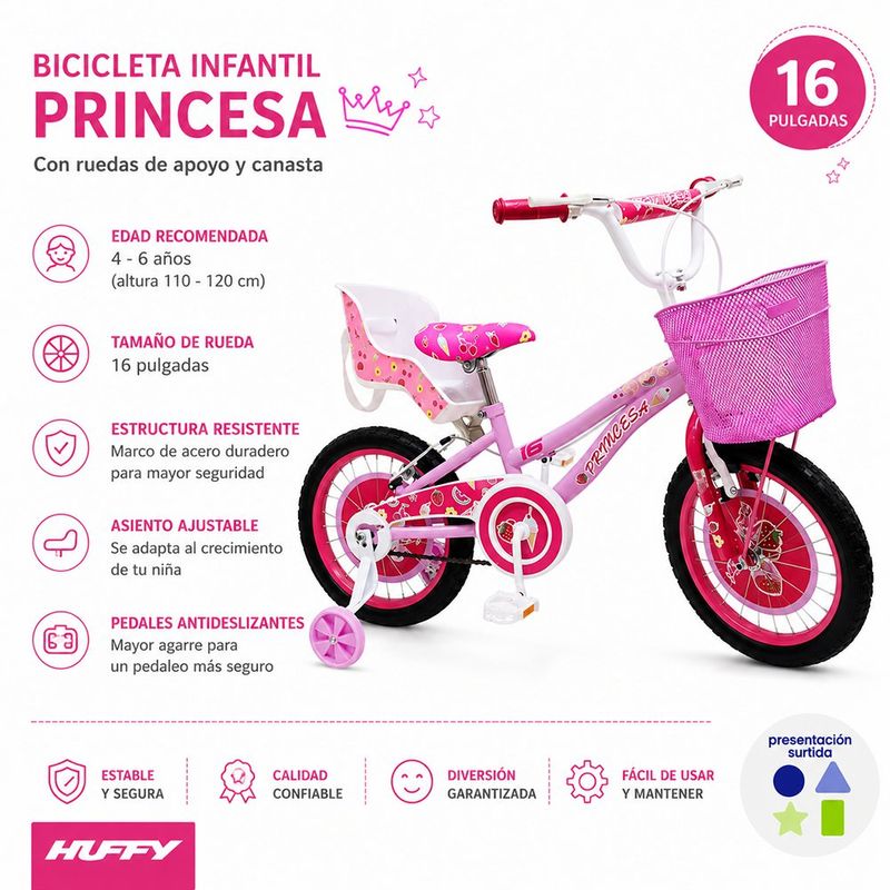 Bicicleta Infantil Princesa Ruedas de 16 Plg con Canasta y Ruedas de Apoyo - Presentación Surtida