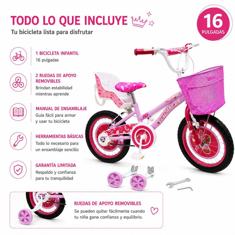 Bicicleta Infantil Princesa Ruedas de 16 Plg con Canasta y Ruedas de Apoyo - Presentación Surtida