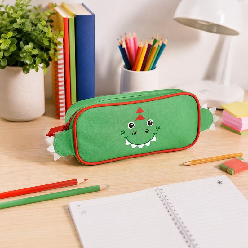 Estuche Escolar Infantil Diseño de Dinosaurio Verde con Borde Rojo