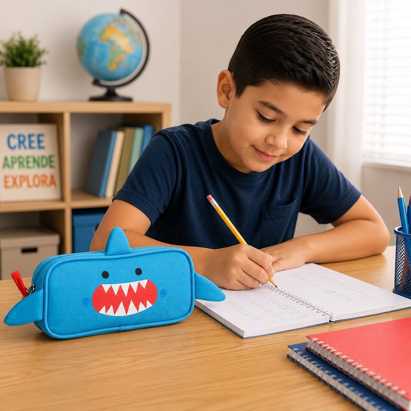 Estuche Escolar Infantil Diseño de Tiburón con Cierre Celeste y Rojo