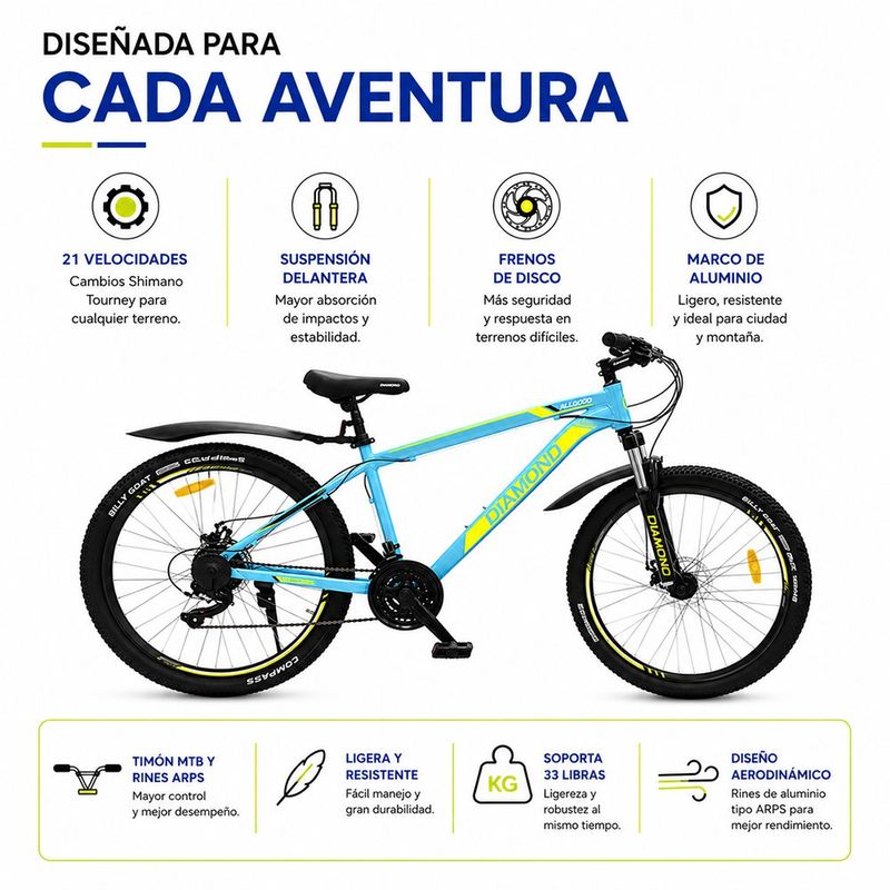 Bicicleta MTB Marco de Aluminio 21 Velocidades Rodado 26 Plg - Colores Surtidos