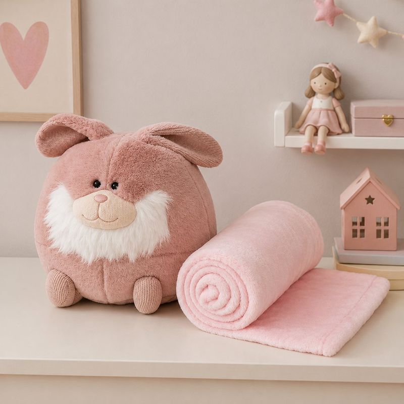 Set de Cojín Decorativo y Frazada con Diseño de Conejo Color Rosado