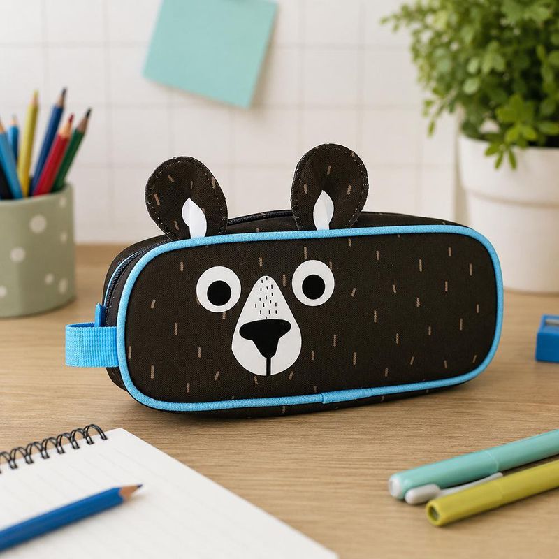 Estuche Escolar Infantil Diseño de Oso Café con Borde Azul