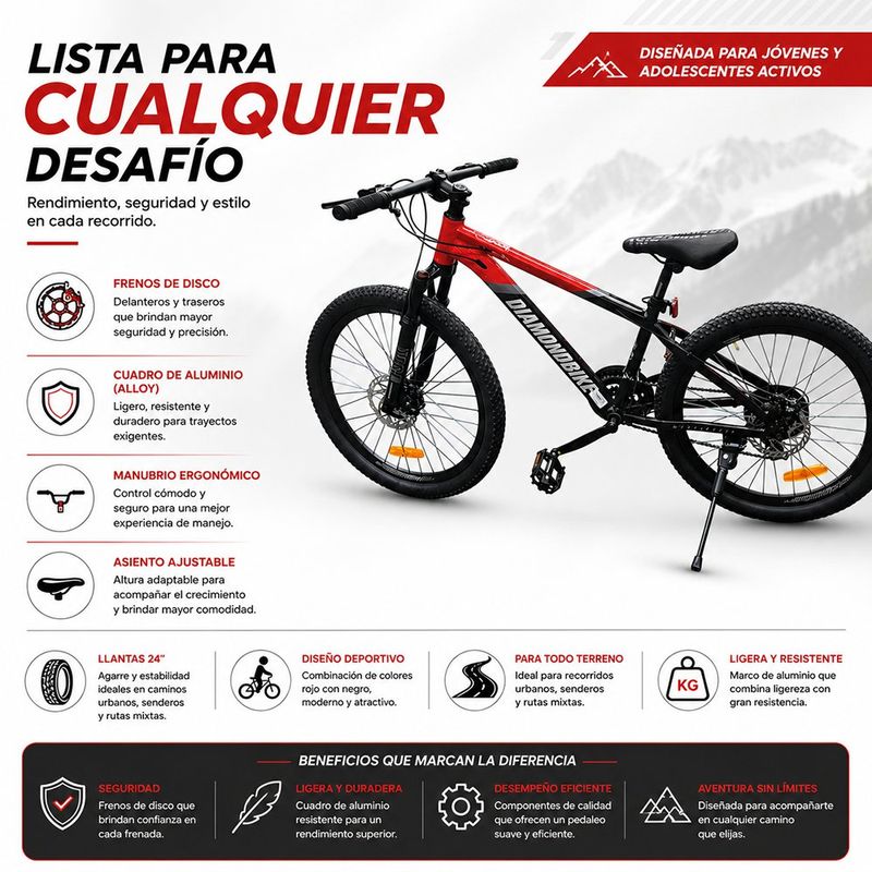 Bicicleta MTB Marco de Aluminio con Freno de Disco Rojo con Negro 24 Plg