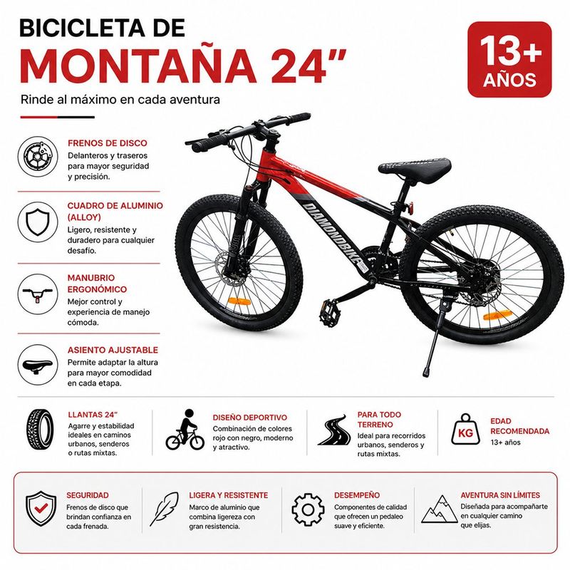 Bicicleta MTB Marco de Aluminio con Freno de Disco Rojo con Negro 24 Plg