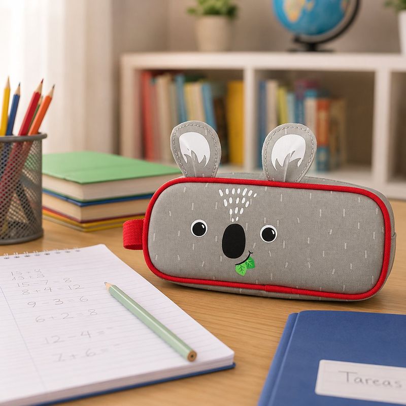 Estuche Escolar Infantil Diseño de Koala Gris con Borde Rojo