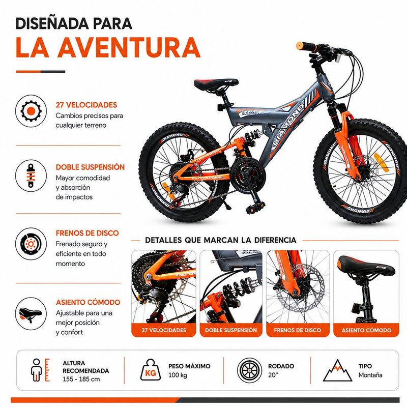 Bicicleta MTB Doble Suspensión con Marco de Metal 21 Velocidades 20 Plg - Colores Surtidos