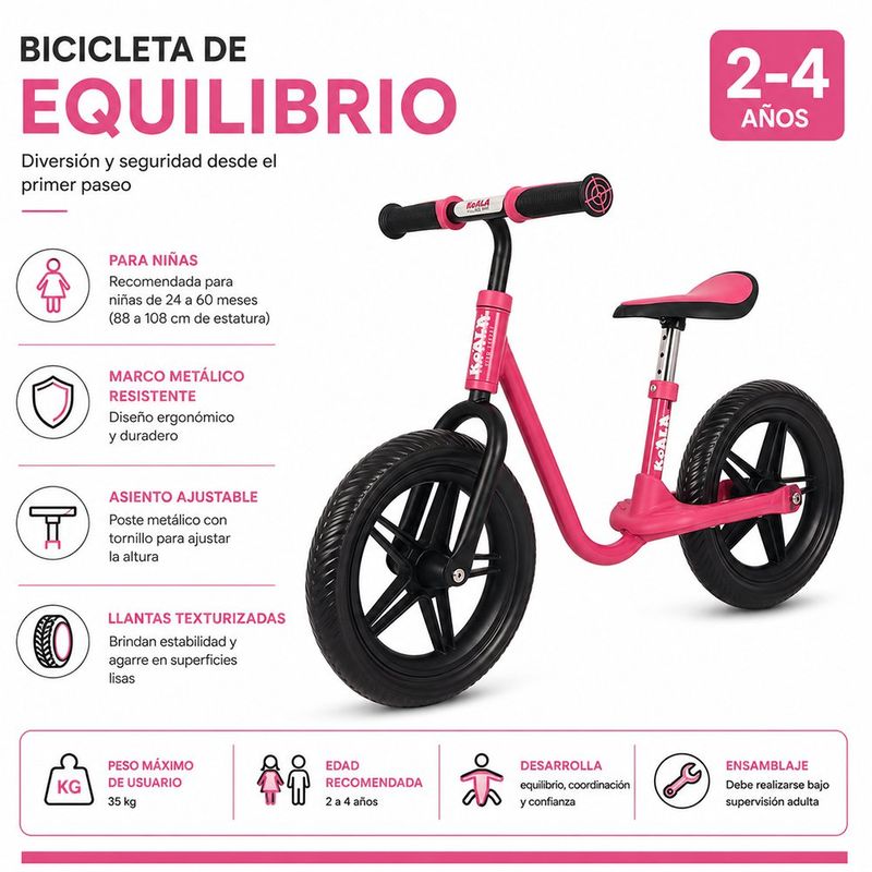 Bicicleta de Equilibrio Infantil para Niña con Marco Metálico Rosa