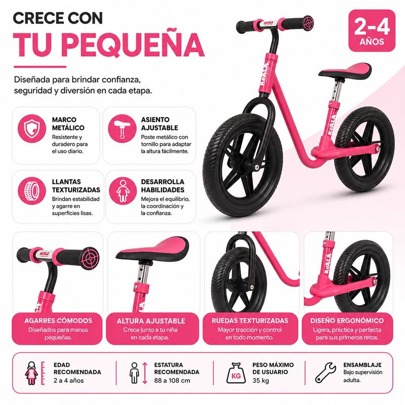 Bicicleta de Equilibrio Infantil para Niña con Marco Metálico Rosa