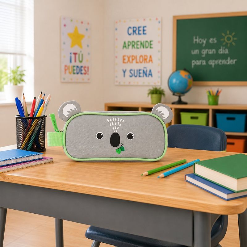 Estuche Escolar Infantil Diseño de Koala Gris con Borde Verde