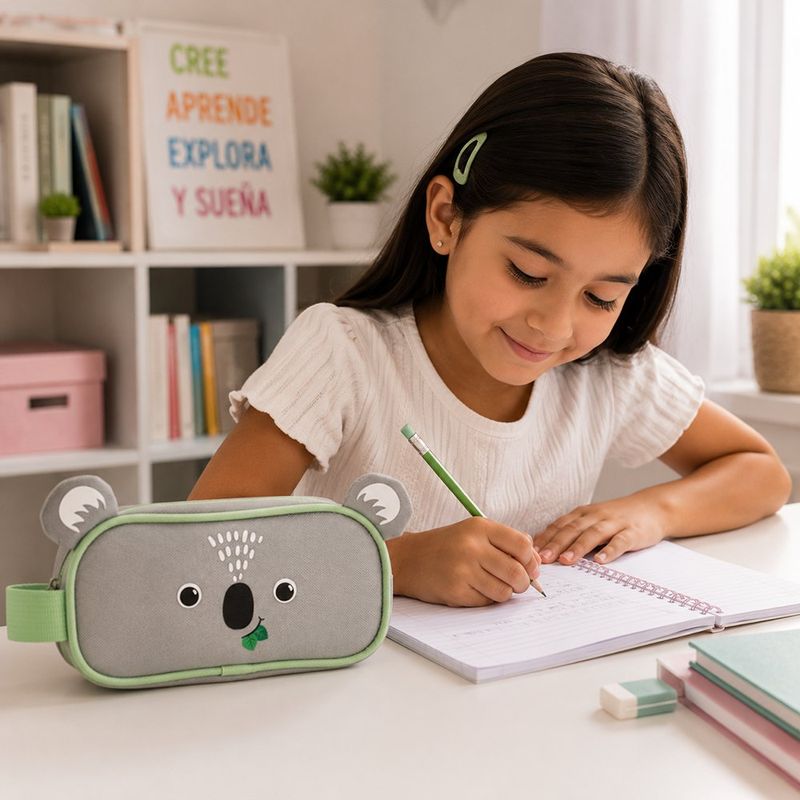 Estuche Escolar Infantil Diseño de Koala Gris con Borde Verde