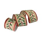 Listón Navideño con Estampado Hojas Beige y Rojo 6.35 cm × 9.1 m