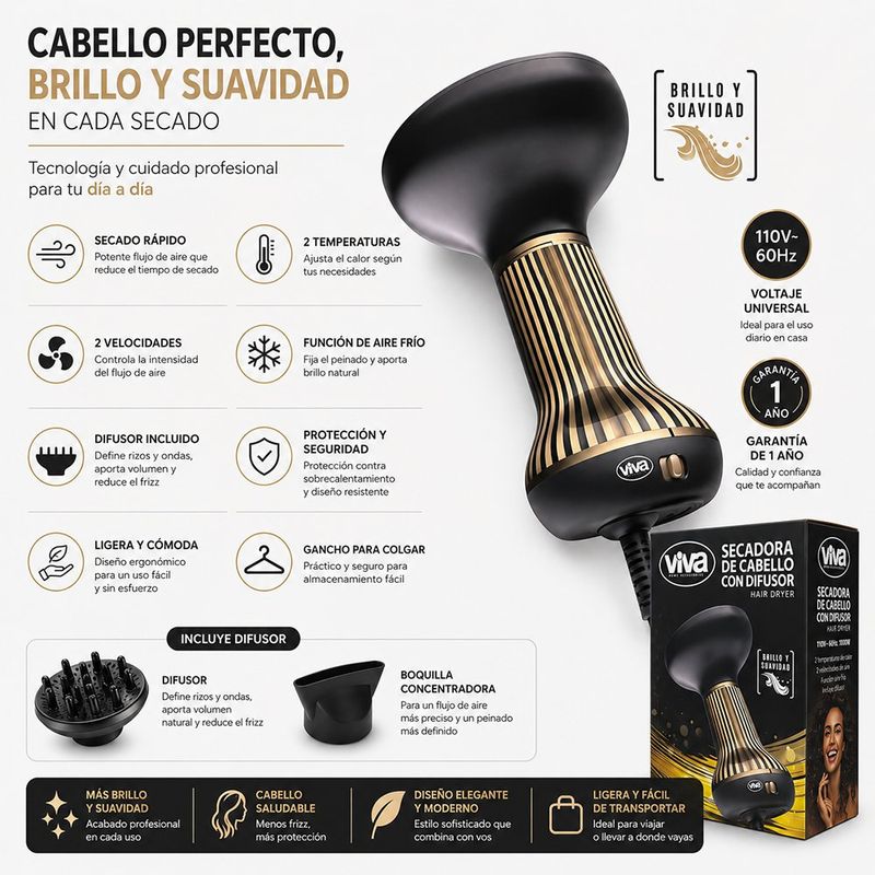 Secadora de Cabello 700 W con Difusor Color Dorado y Negro