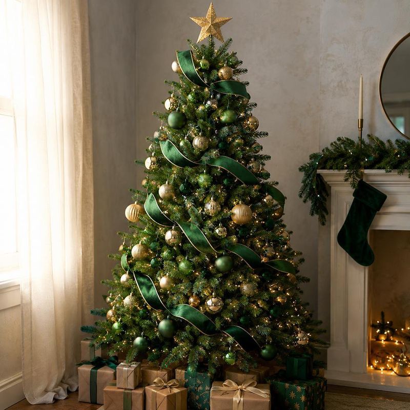 Listón Navideño Verde con Orilla Dorada 6.35 cm × 9.1 m