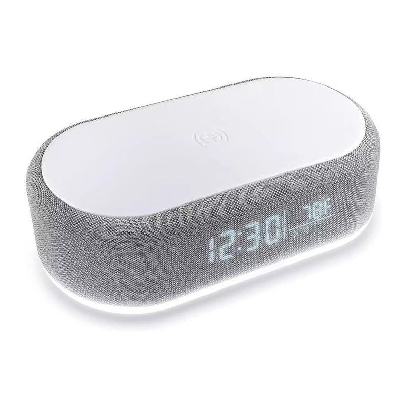 Reloj Despertador 5 en 1 con Bocina Bluetooth, Carga Inalámbrica y Luz RGB