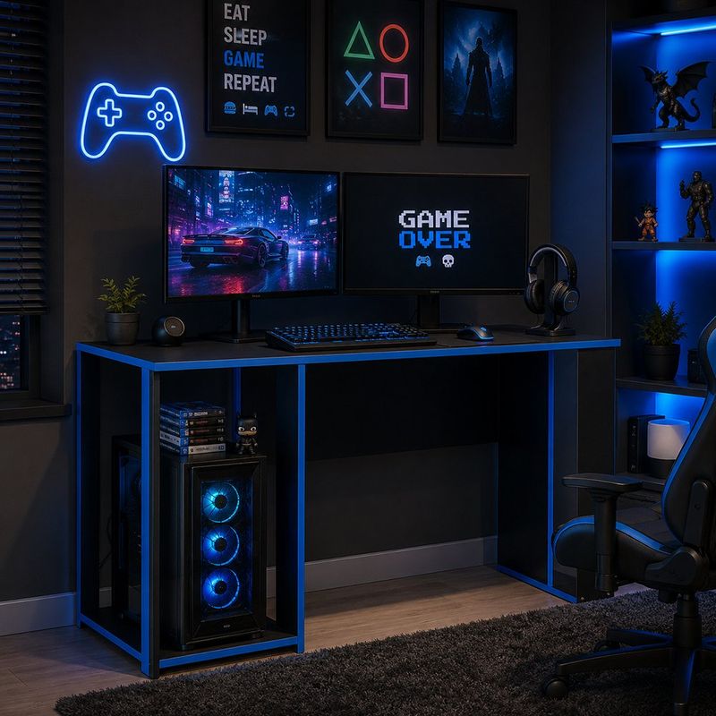 Escritorio Gamer de Madera Sólida con Repisa Lateral Azul y Negro de 120 cm