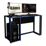 Escritorio Gamer de Madera Sólida con Repisa Lateral Azul y Negro de 120 cm
