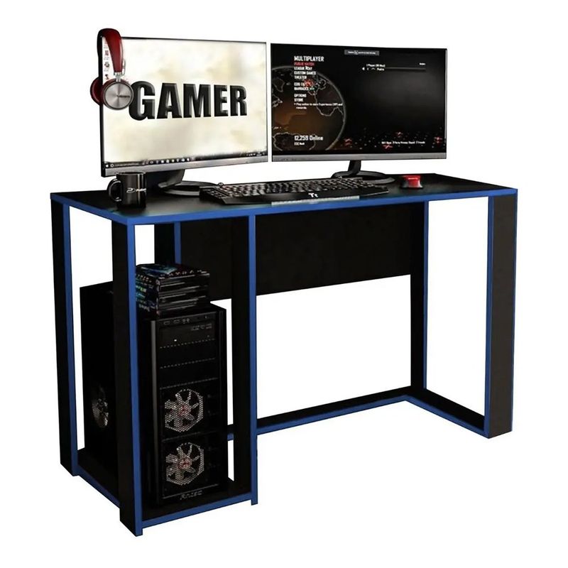 Escritorio Gamer de Madera Sólida con Repisa Lateral Azul y Negro de 120 cm
