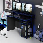 Escritorio Gamer de Madera Sólida con Repisa Lateral Azul y Negro de 120 cm