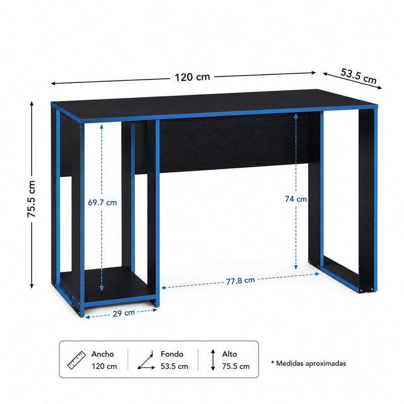 Escritorio Gamer de Madera Sólida con Repisa Lateral Azul y Negro de 120 cm