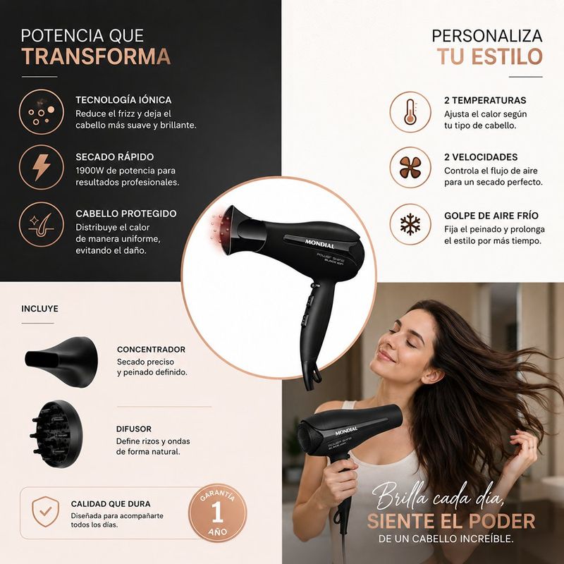 Secadora de Cabello Power Shine Black Ion