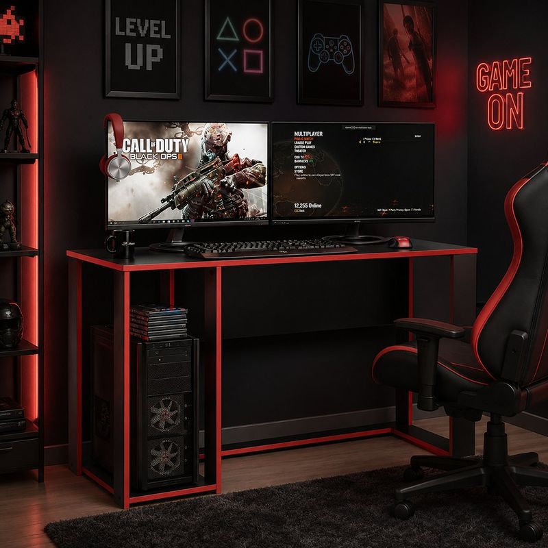 Escritorio Gamer de MDP con Repisa Lateral Rojo y Negro de 120 cm