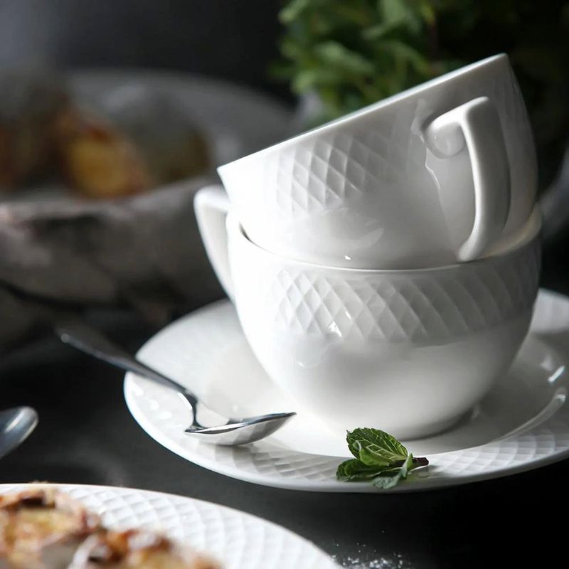 Taza de Porcelana de 3 Oz con Plato para Café Espresso Blanco con Diseño Diamante