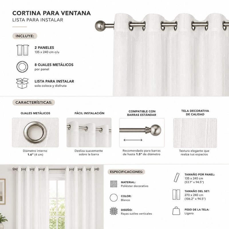Cortina Génova de Poliéster 135x240 cm Rayas Blancas con Ojales, 2 Piezas