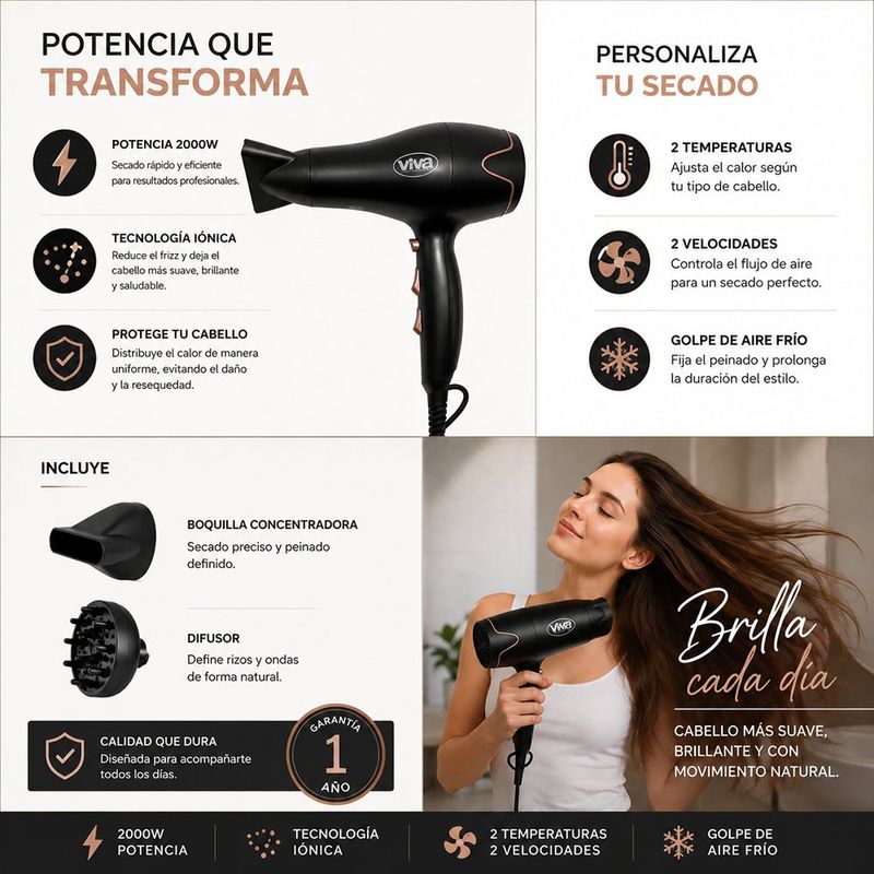 Secadora de Cabello Profesional 1500 W con Concentrador Color Negro