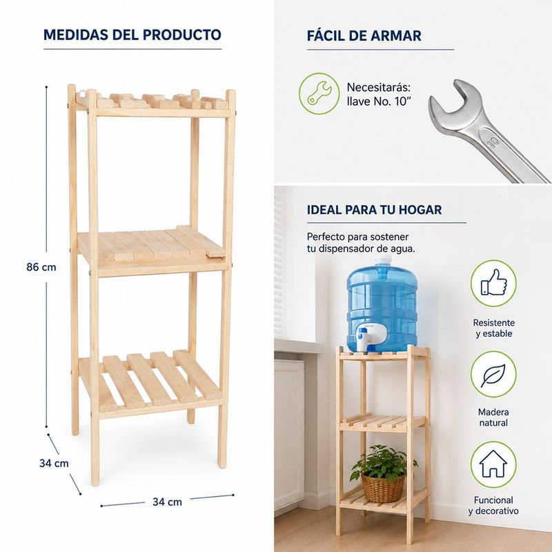 Estantería de Madera para Dispensador de Agua con Gaveta y 3 Niveles