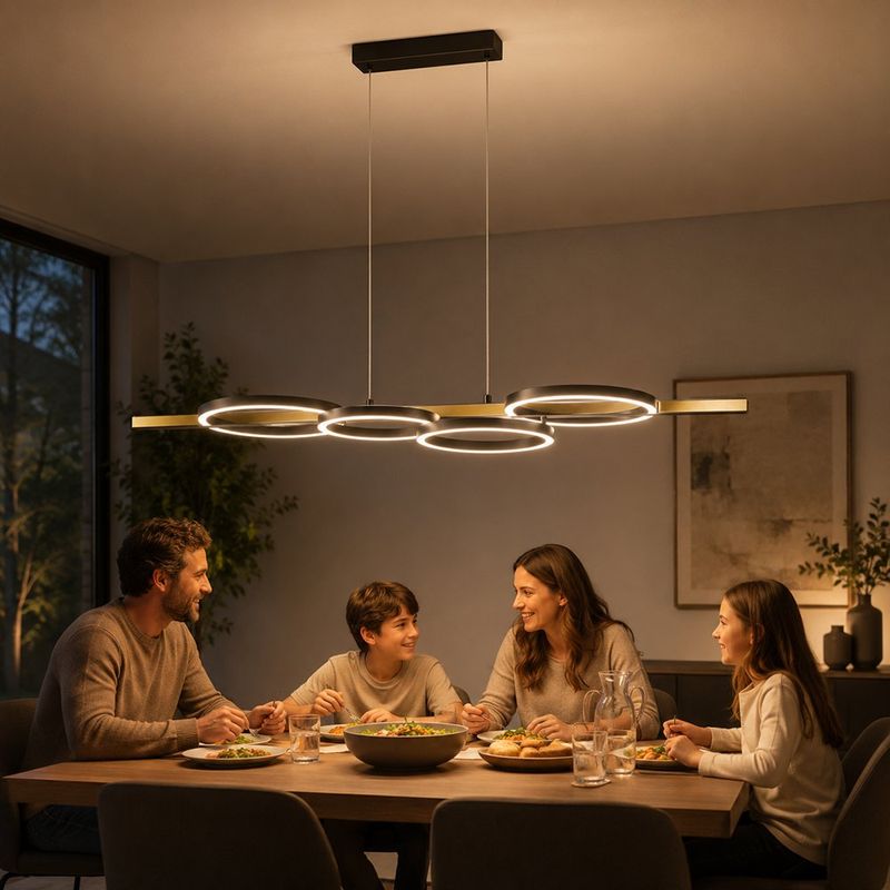 Lámpara Colgante LED de 4 Aros Luz Cálida de 3000K en Color Negro