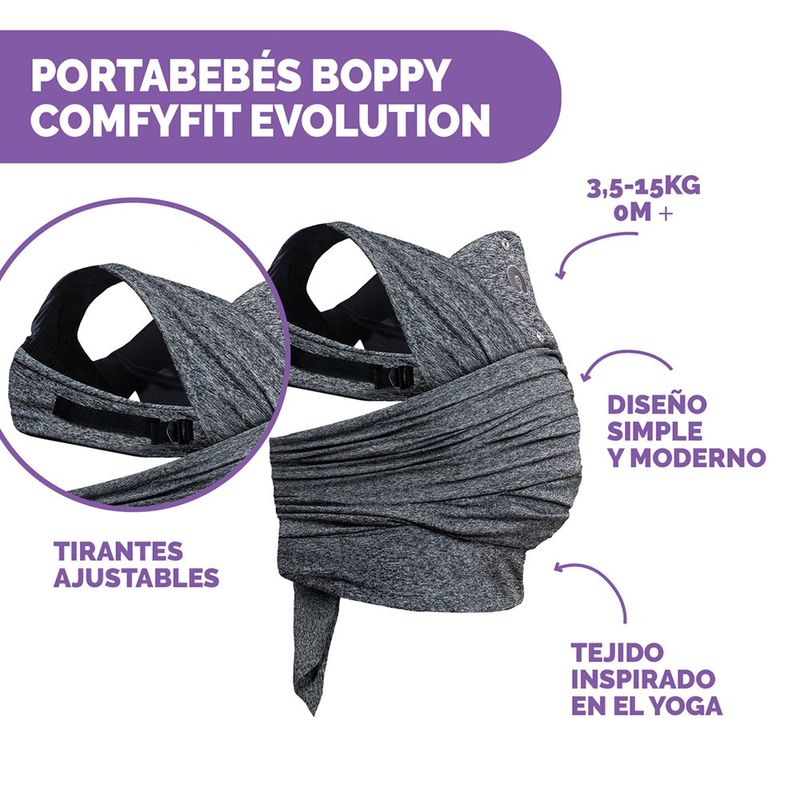 Portabebés Híbrido Tipo Fular ComfyFit Evolution de Tela Suave para 3.5 a 15 Kg Color Gris