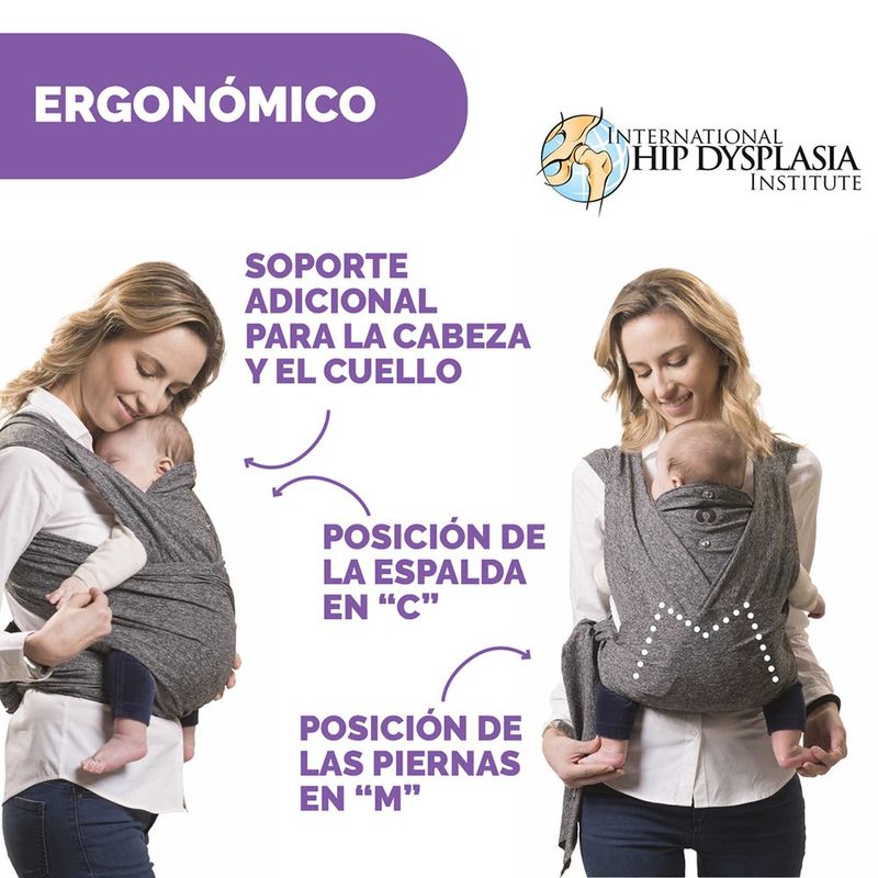 Portabebés Híbrido Tipo Fular ComfyFit Evolution de Tela Suave para 3.5 a 15 Kg Color Gris