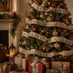 Listón Navideño con Estampado Hojas Beige y Rojo 6.35 cm × 9.1 m
