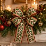 Listón Navideño con Estampado Hojas Beige y Rojo 6.35 cm × 9.1 m