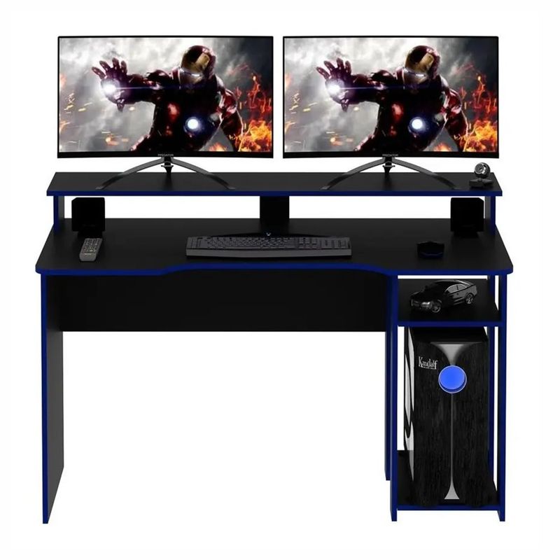 Escritorio Gamer de MDF y Metal con Soporte para Monitores Negro con Azul 136 x 60 x 89.5 cm