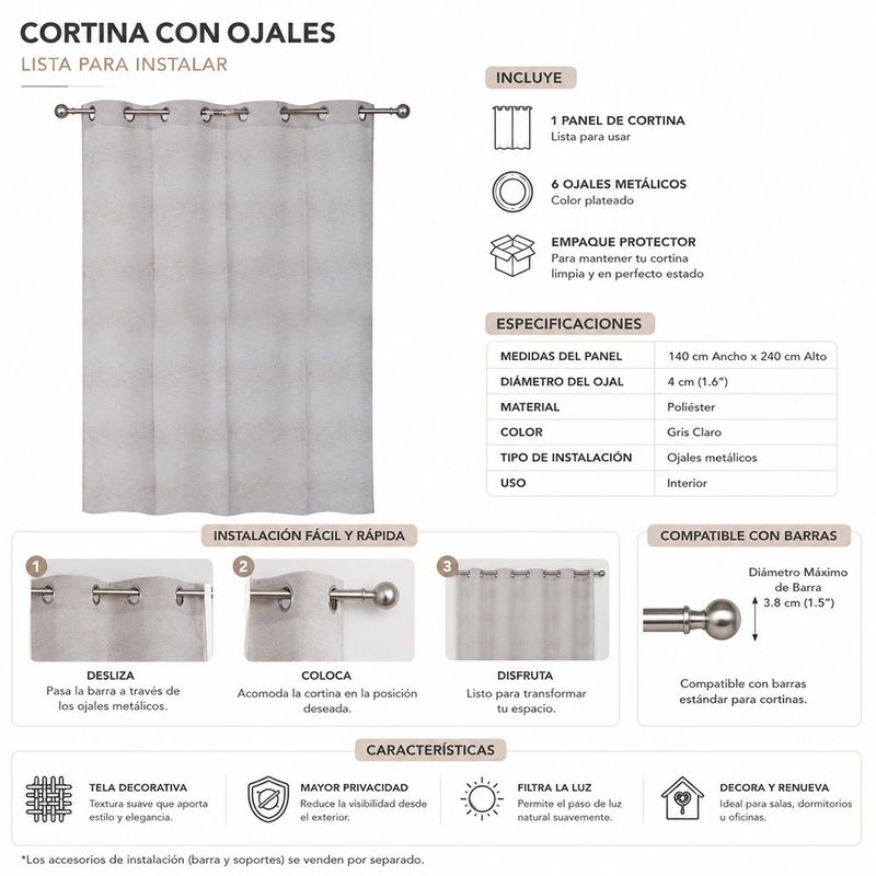 Cortina Jacquard con Textura Lisa 140 x 240 cm para Sala y Dormitorio Color Beige