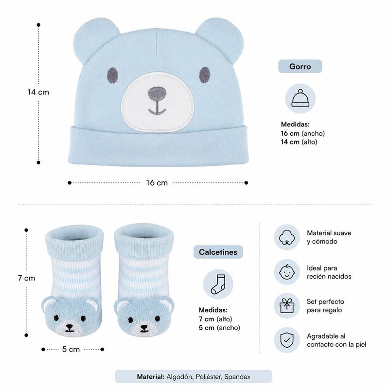 Set de Gorro y Par de Calcetas con Diseño de Oso para Bebé Color Celeste