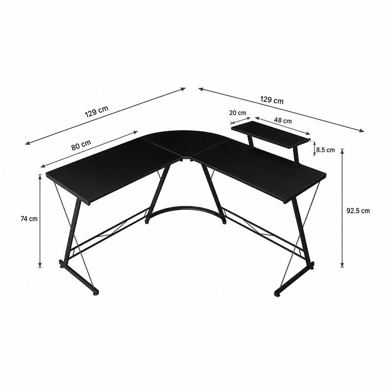 Escritorio en L Mily con Repisa Elevada para Oficina Negro de 129 x 129 x 74 cm