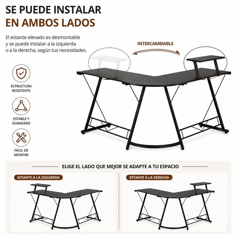 Escritorio en L Mily con Repisa Elevada para Oficina Negro de 129 x 129 x 74 cm