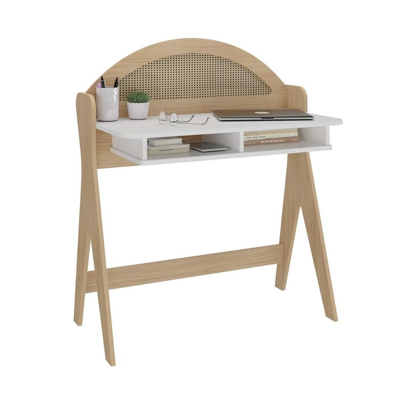 Escritorio con Repisa Superior y Arco Reversible de MDF Blanco y Beige 90 x 53 x 107 cm