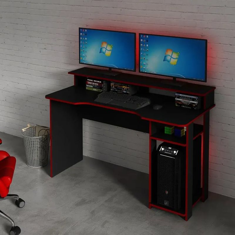Escritorio Gamer de MDF y Metal con Soporte para Monitores Negro con Rojo 136 x 60 x 89.5 cm