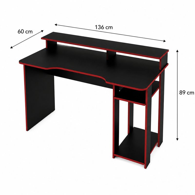 Escritorio Gamer de MDF y Metal con Soporte para Monitores Negro con Rojo 136 x 60 x 89.5 cm